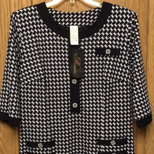 Elegant houndstooth navy blue and white short sleeve business dress.